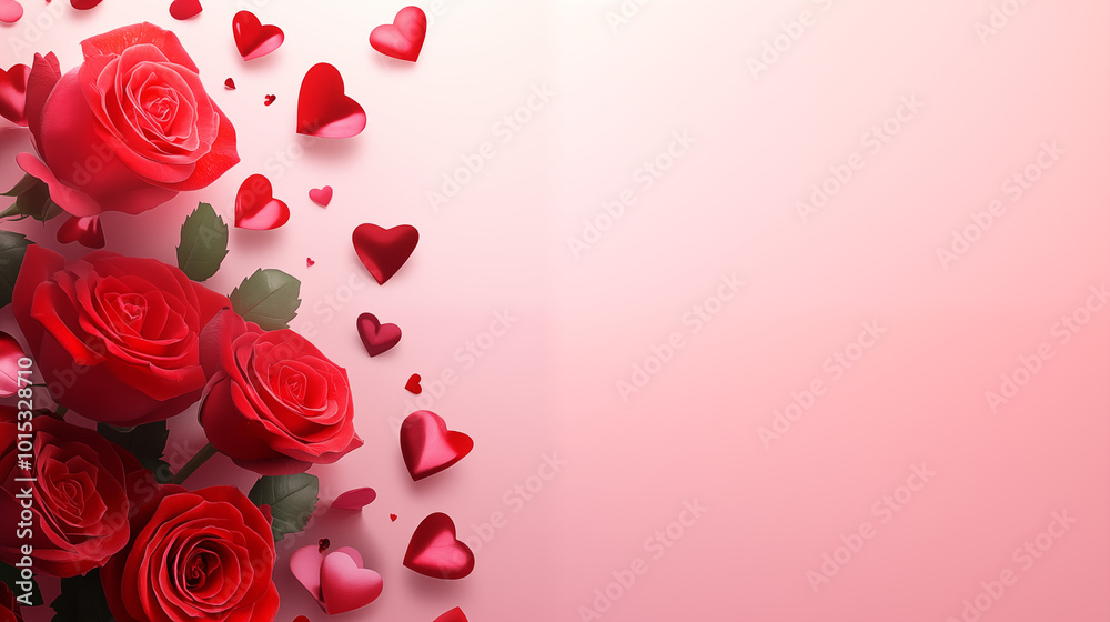 Valentine's Day with red roses and heart-shaped petals on a pink background. Valentine's Day with red roses and heart-shaped petals on a pink background.