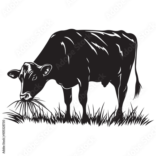 Cow silhouette Vector Illustration, Cow Grazing On Meadow, Dairy farm cow vector silhouette icon. Beef cattle cow animal farmer isolated illustration