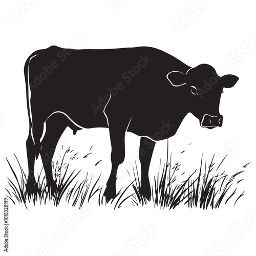 Cow silhouette Vector Illustration, Cow Grazing On Meadow, Dairy farm cow vector silhouette icon. Beef cattle cow animal farmer isolated illustration