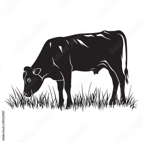 Cow silhouette Vector Illustration, Cow Grazing On Meadow, Dairy farm cow vector silhouette icon. Beef cattle cow animal farmer isolated illustration
