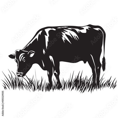 Cow silhouette Vector Illustration, Cow Grazing On Meadow, Dairy farm cow vector silhouette icon. Beef cattle cow animal farmer isolated illustration