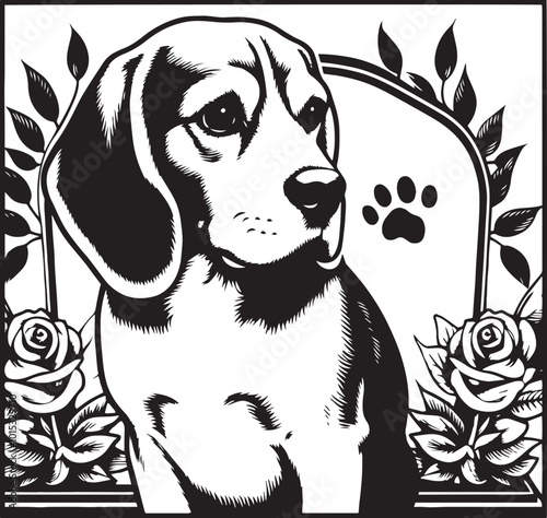 Beagle with roses, leaves and paw print black and white illustration