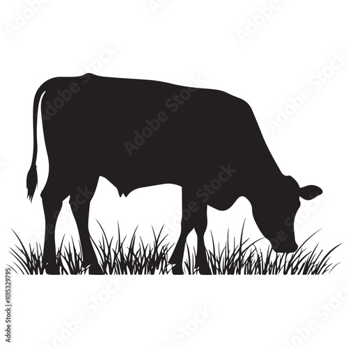 Cow silhouette Vector Illustration, Cow Grazing On Meadow, Dairy farm cow vector silhouette icon. Beef cattle cow animal farmer isolated illustration