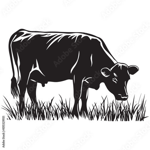 Cow silhouette Vector Illustration, Cow Grazing On Meadow, Dairy farm cow vector silhouette icon. Beef cattle cow animal farmer isolated illustration