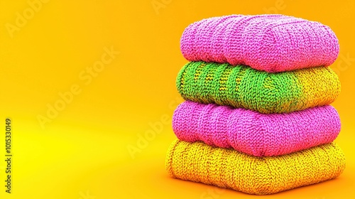   A trio of knitted blankets, colorful and cozy, atop a yellow-pink backdrop