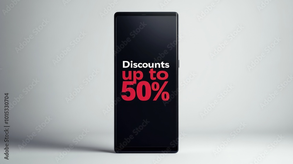 Smartphone Display Showing Bold Discounts up to 50 percent for Online Shopping Deals Smartphone Display Showing Bold Discounts up to 50 percent for Online Shopping Deals