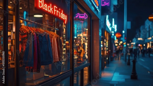 Black Friday Shopping: Nighttime Window Display of Fashionable Apparel in City Mall