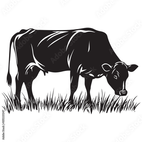 Cow silhouette Vector Illustration, Cow Grazing On Meadow, Dairy farm cow vector silhouette icon. Beef cattle cow animal farmer isolated illustration