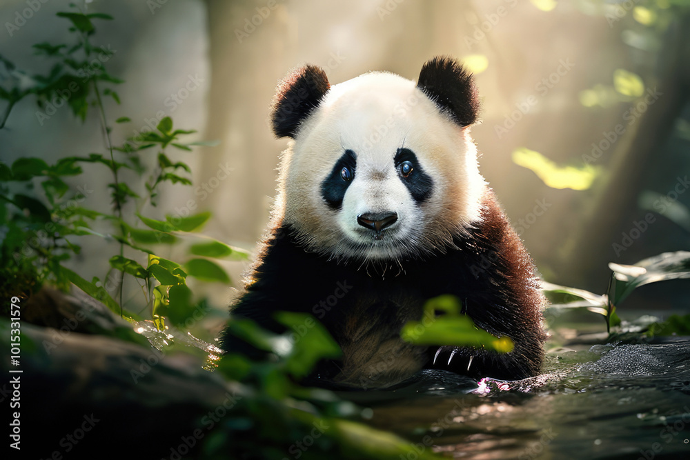 Obraz premium A panda bear. Wild animal in a foggy forest.