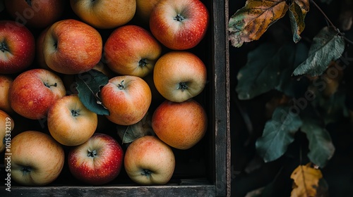 A crate of delicious, ready-to-eat apples. photo