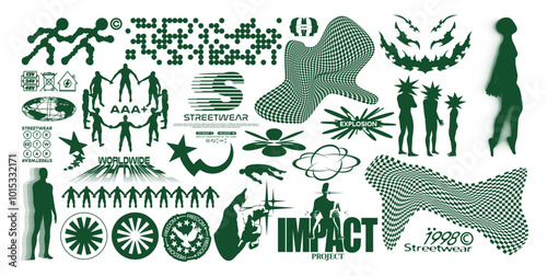 Brutalism graphic shapes. Retro-futuristic grunge elements for design, geometric universal shape, silhouettes of people, fake logo. Blanks for a poster, banner, business card, sticker
