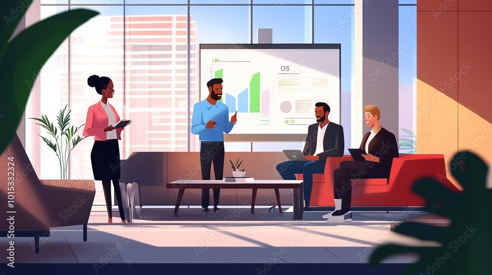 A diverse group of colleagues talk about charts in a lounge-like meeting space in a modern office building. A diverse group of colleagues talk about charts in a lounge-like meeting space in a modern office building.