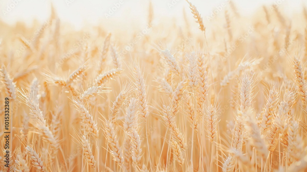 Fototapeta premium A close-up of a wheat field with the sun shining through the ears of wheat in the foreground