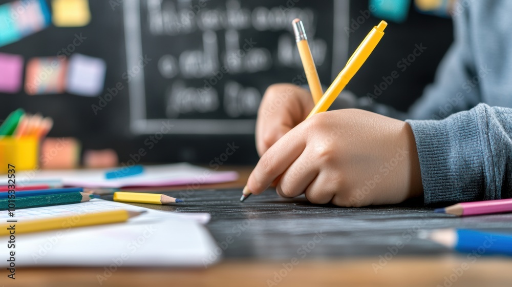 Student Writing with Pencils in Classroom Setting, AI