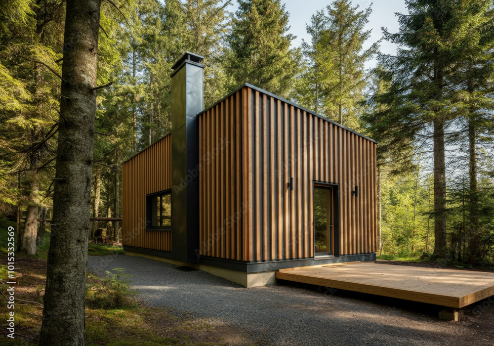 Fototapeta premium Modern and compact tiny house with a distinctive wooden facade, seamlessly blending into its tranquil forest surroundings