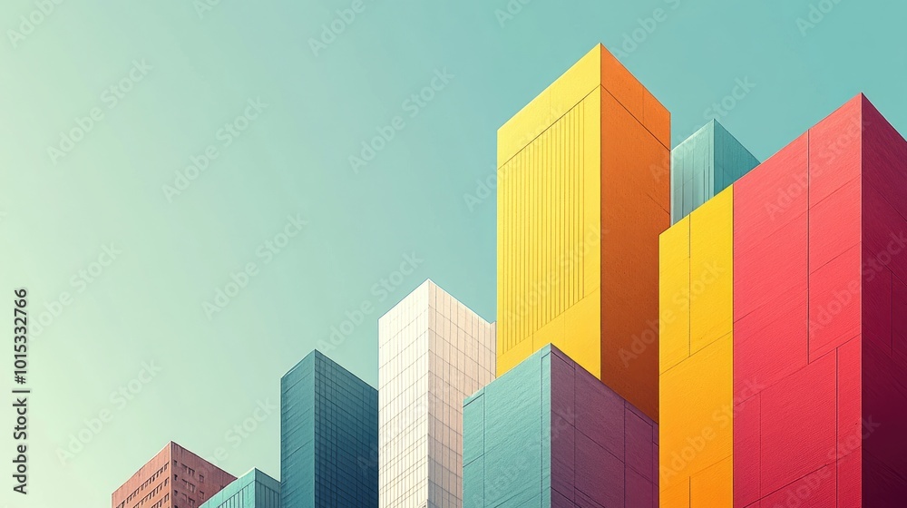 Vibrant Geometric Cityscape Against Clear Sky: Modern Architecture and Colorful Urban Design