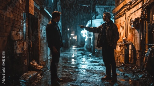 Dramatic Detective Standoff in Moody Rain-Soaked Urban Alley for Crime Drama Scenes