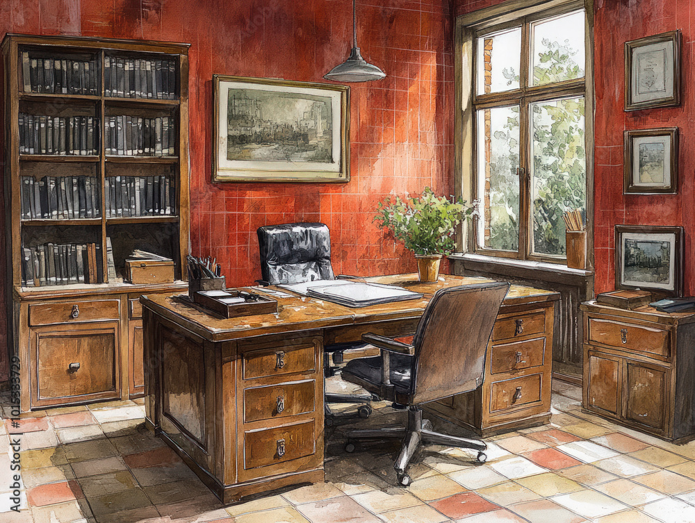 Classic Office with Wooden Furniture and Bookshelves
Classic Office with Wooden Furniture and Bookshelves