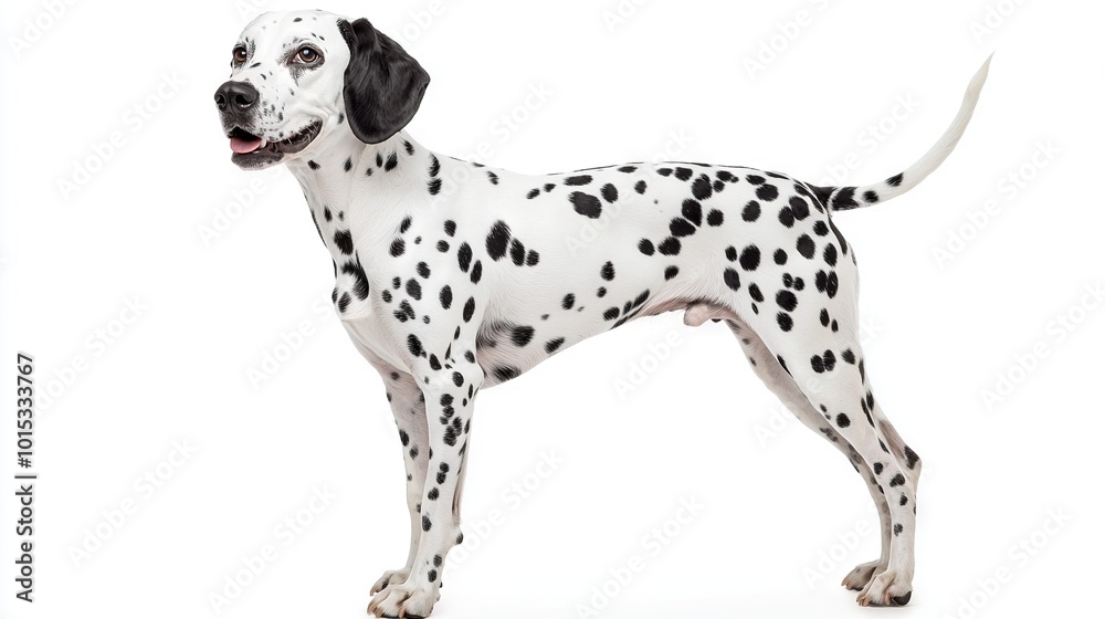 A Dalmatian dog facing a pure white backdrop, exhibiting a distinct black spot on its face A Dalmatian dog facing a pure white backdrop, exhibiting a distinct black spot on its face