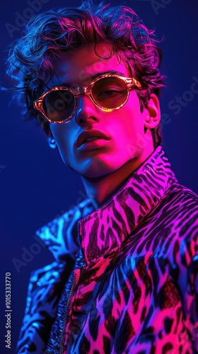 Vibrant Neon Fashion Portrait of Trendy Young Person in Stylish Sunglasses and Animal Print