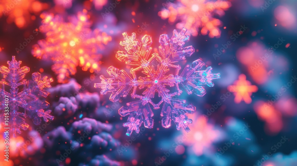 Vibrant Macro Photography of Glowing Snowflakes in Abstract Winter Wonderland Vibrant Macro Photography of Glowing Snowflakes in Abstract Winter Wonderland