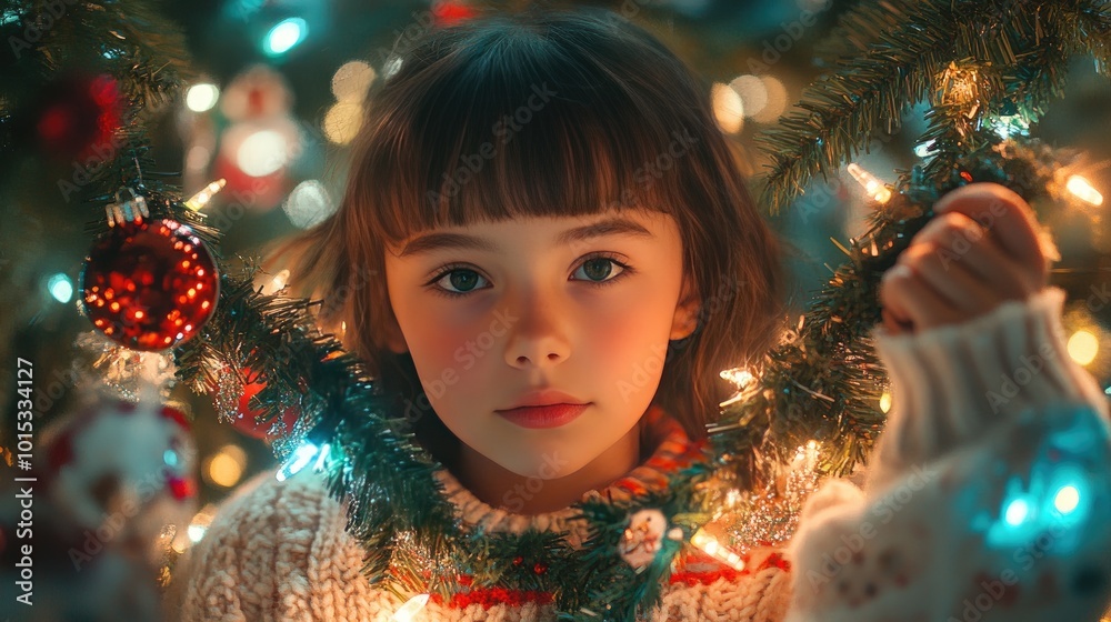 Child Wonderfully Staring Through Christmas Lights in a Cozy Festive Setting Child Wonderfully Staring Through Christmas Lights in a Cozy Festive Setting