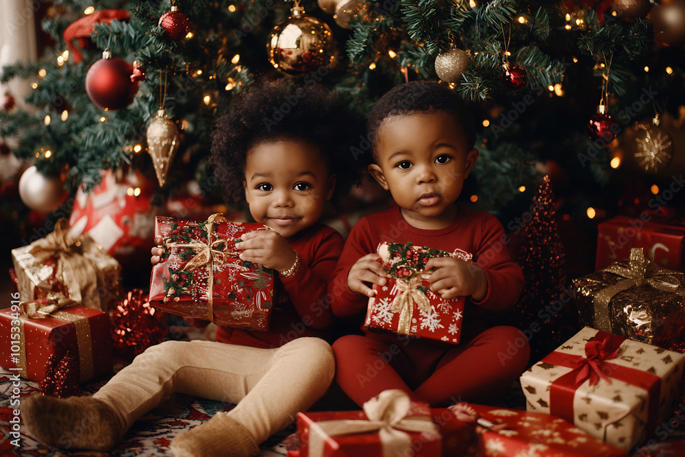 Two joyful children sitting by a Christmas tree holding colorful presents, surrounded by festive decorations and gift-wrapped boxes Two joyful children sitting by a Christmas tree holding colorful presents, surrounded by festive decorations and gift-wrapped boxes