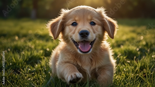 A happy golden retriever puppy with its tongue out and its paw extended, looking at the camera in a field of green grass.