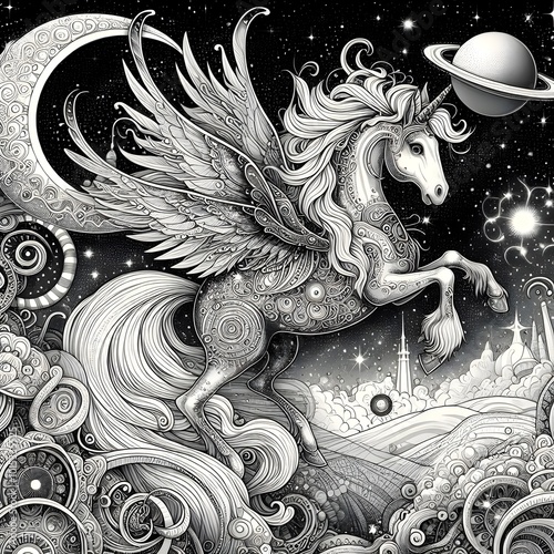 A beautifully designed cosmic horse with glowing wings soars through swirling clouds and twinkling stars, evoking a magical and dreamlike celestial landscape. photo