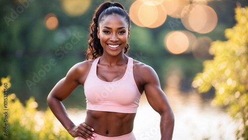 Bellissima donna di origini africane con abbigliamento sportivo rosa per il fitness sorride mentre fa jogging in mezzo ad un parco nella natura photo