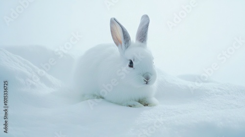  A white rabbit perches on a snow-covered ground, its head tilted to one side