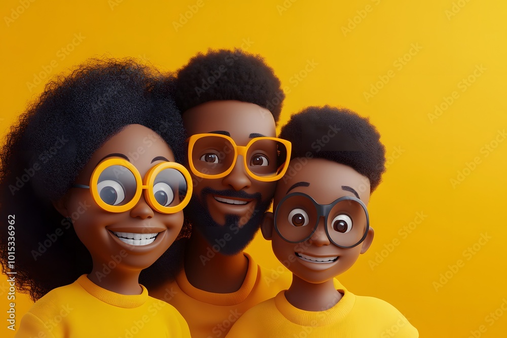Fototapeta premium 3D illustration of portrait of smiling black family, parents with their child, representing happiness, unity and love