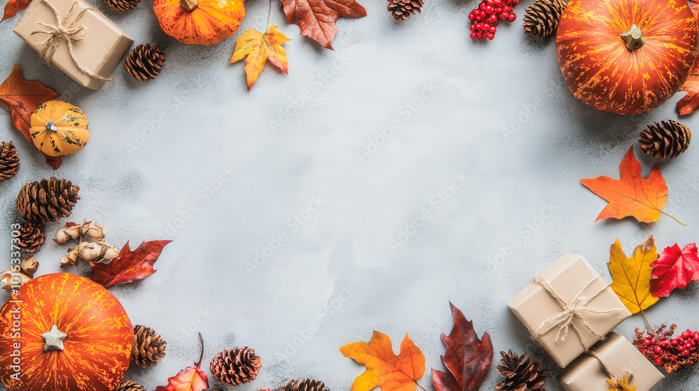 A white background with a frame of fall leaves and pumpkins A white background with a frame of fall leaves and pumpkins