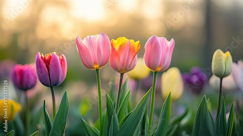 A field with blooming tulips. Fresh spring flowers. Growing flowers for sale in large quantities. Illustration for cover, card, postcard, interior design, banner, poster, brochure or presentation.