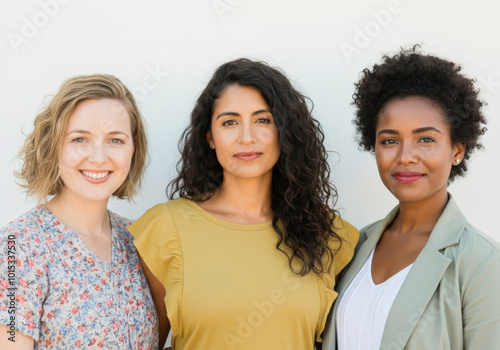 Three diverse businesswomen are standing together and smiling on a white background