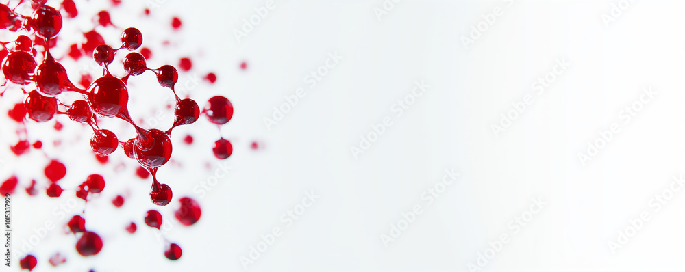 Abstract 3d vibrant red molecules close up macro detail on white background with empty copy space. Scientific research in molecular chemistry.