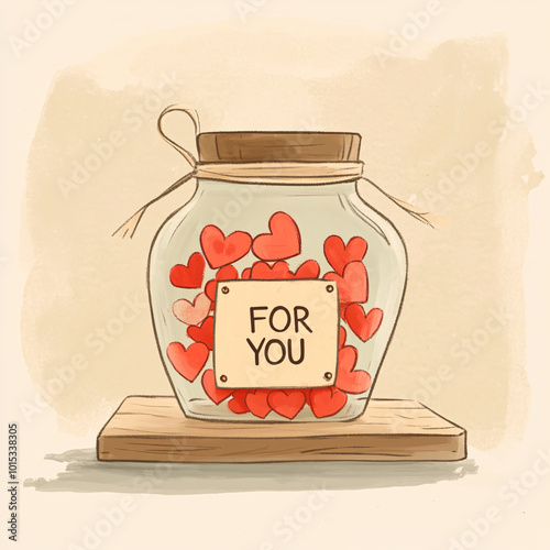 Rustic jar filled with hearts labeled 'For You,' placed on wooden platform with a warm handcrafted look photo