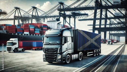 Modern freight truck with an Scotland flag container at a busy port, surrounded by cargo ships and cranes. Ideal for showcasing global shipping, logistics, and transportation