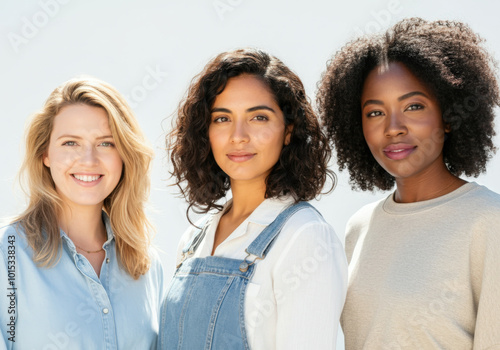 Three young women with different skin tones and hairstyles are standing together and smiling