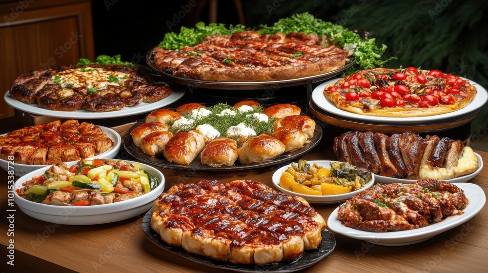 Fototapeta premium Assorted Gourmet Pizzas and Savory Dishes on Wooden Table, AI