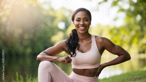 Bellissima donna di origini africane con abbigliamento sportivo rosa per il fitness sorride mentre fa jogging in mezzo ad un parco nella natura photo