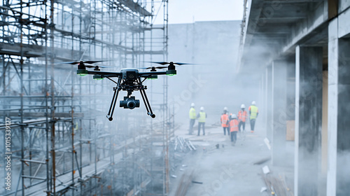 construction top tier technology, a drone flying through scaffolding on a construction site, with workers visible in the background and a chilly mist hanging in the air