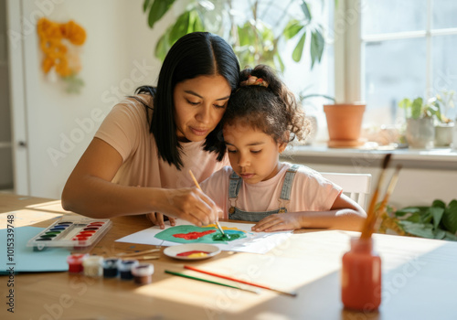 Mother is bonding with her young daughter while painting at a table in their home