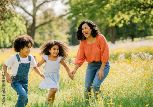 Fototapeta Naklejka Na Ścianę i Meble -  Mother laughs while running through a field of flowers with her two young children