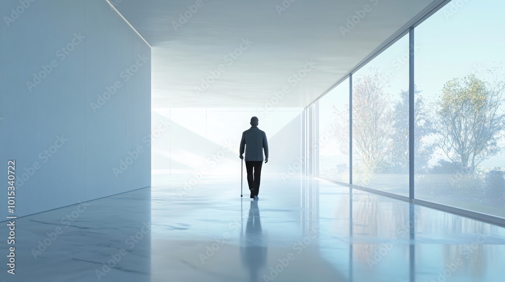 person using a white cane, walking confidently in a bright, minimalist hallway with large windows person using a white cane, walking confidently in a bright, minimalist hallway with large windows