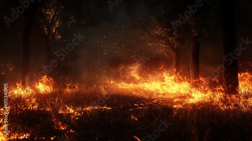 A fierce fire raged in the forest at night. Flames and smoke billowed into the sky. The fire burned through dry grass, leaving a trail of devastation in its wake.