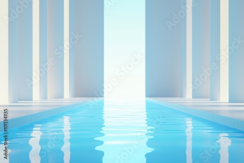 A serene, modern architectural space with calm water reflecting light, creating a tranquil atmosphere.