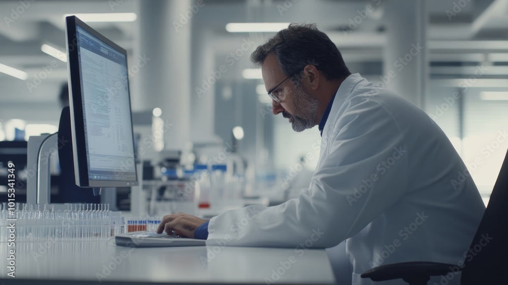 A dedicated male scientist in a white lab coat leans forward, analyzing data on a large screen in a cutting-edge research facility. Test tubes and equipment can be seen in the background A dedicated male scientist in a white lab coat leans forward, analyzing data on a large screen in a cutting-edge research facility. Test tubes and equipment can be seen in the background