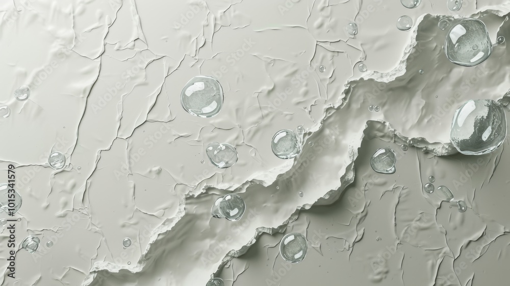 Abstract landscape featuring jagged, cracked textures in a soft beige tone. Clear glass spheres float above, adding depth and a surreal, futuristic feel to the composition. Abstract landscape featuring jagged, cracked textures in a soft beige tone. Clear glass spheres float above, adding depth and a surreal, futuristic feel to the composition.