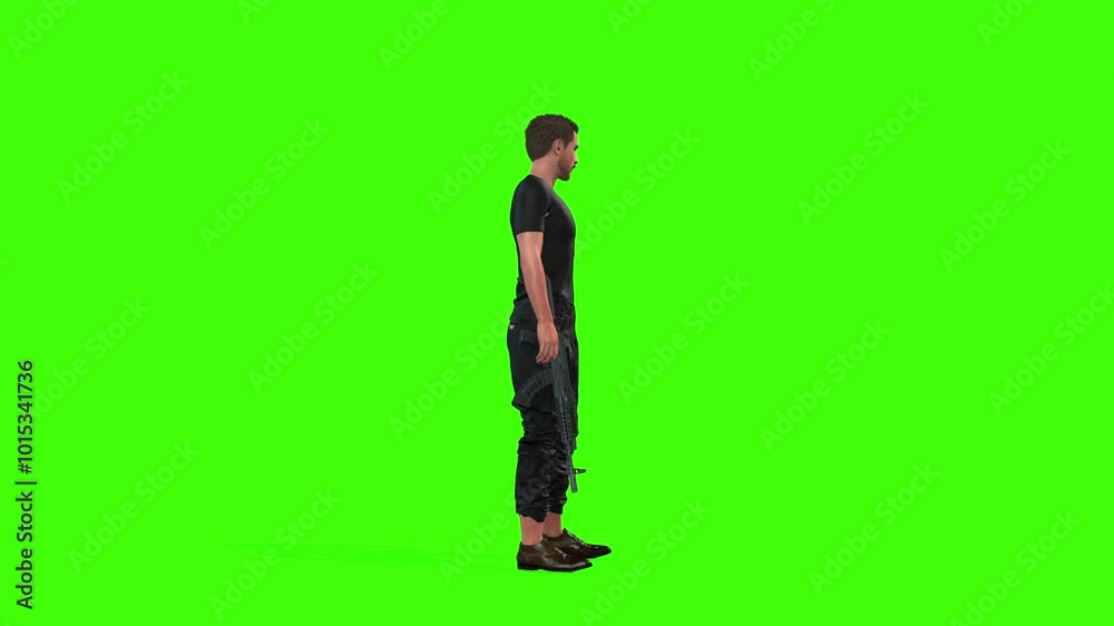 4k boy standing with attention position holding AK-47 assault rifle animation with a cycling camera view on green screen, 3D character of a young boy on guard duty in a black pants shirt on chroma key 4k boy standing with attention position holding AK-47 assault rifle animation with a cycling camera view on green screen, 3D character of a young boy on guard duty in a black pants shirt on chroma key